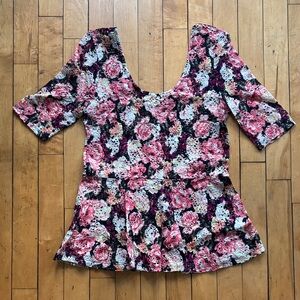 Charlotte Russe Floral Peplum Blouse - Pink, Black, and White